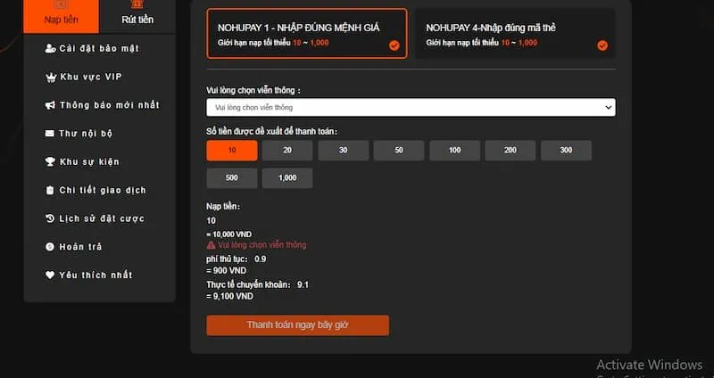 gửi tiền Nohu90 qua thẻ cào